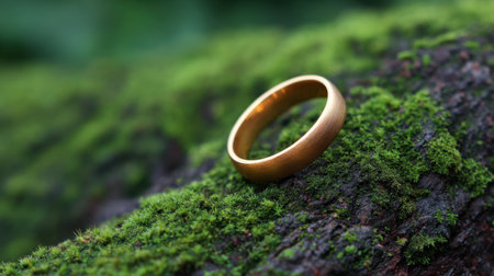 A close-up view of a stunning golden ring resting on vibrant green moss in a natural outdoor setting, representing elegance, beauty, and romance.の素材