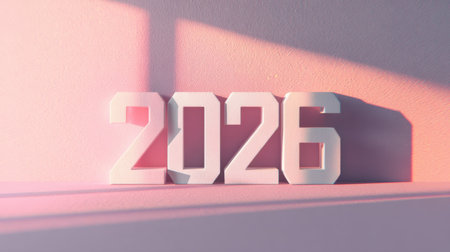 A visually striking 3D rendering of the numbers 2026 on a soft pink background, featuring gentle shadows that evoke a sense of calm and forward-thinking creativity.の素材