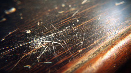 This image captures a close-up view of a scratched wooden surface, showcasing intricate textures and reflections in natural light that highlight the beauty of wear and tear.の素材