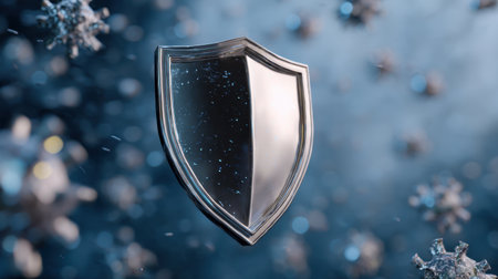 A striking metallic shield set against a dark, abstract backdrop filled with floating particles and snowflakes, representing concepts of protection and security in a digital realm.の素材