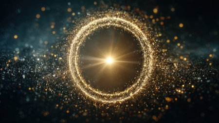 A mesmerizing glowing golden circle emanates bright light surrounded by sparkling particles, set against a dark starry background perfect for creative projects.の素材