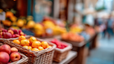 Explore a vibrant fruit market stall showcasing fresh apples, oranges, lemons, and berries, inviting customers to savor the colors and flavors of the harvest.の素材