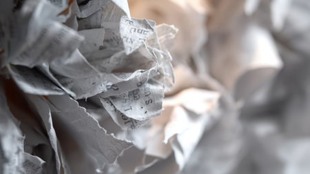 Close-up view of crumpled paper sheets featuring torn edges and faded text, creating a chaotic yet artistic composition with varying shades and textures.の素材