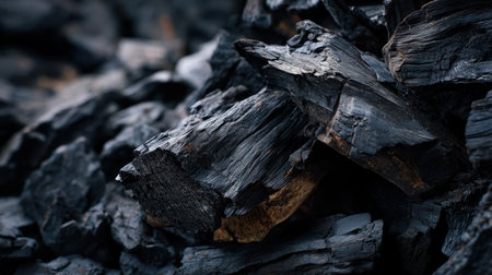 Close-up of textured black charred wood pieces, perfect for backgrounds in design or art projects, evoking nature and organic themes with a rustic flair.の素材