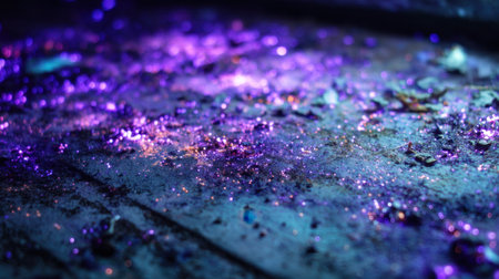 A captivating close-up of sparkling purple glitter scattered on a dark surface, evoking a magical and mystical atmosphere perfect for artistic projects and designs.の素材