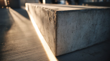 A close-up view of a raw concrete block, illuminated by natural light, showcasing its texture and details, set against a soft-focus construction backdrop.の素材