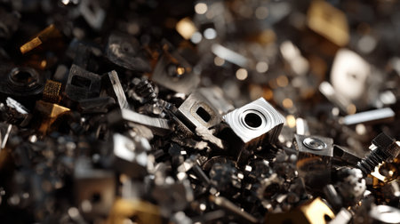A striking close-up image capturing a pile of metallic shavings and scrap parts. The image highlights the textures and details of various industrial components in a workshop setting.の素材