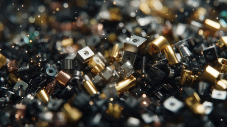 An intriguing close-up of an array of small metallic parts showcases intricate details and textures, set against a softly blurred, twinkling background.の素材