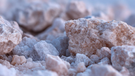This close-up photograph captures the intricate details and textures of natural rock salt crystals. The soft blue background enhances the beauty and purity of the mineral.の素材