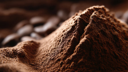 Close-up view of a mound of rich cocoa powder with coffee beans in the background. Ideal for food photography, culinary art, and gourmet recipe inspiration.の素材