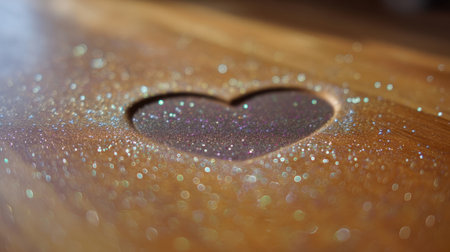 A close-up of a heart shape etched in smooth wood, surrounded by colorful glitter. This artistic image embodies love and joy, perfect for various creative projects.の素材