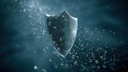 This captivating 3D render features a shield surrounded by bubbles, captured underwater to symbolize protection and security. Ideal for digital art themes.の素材
