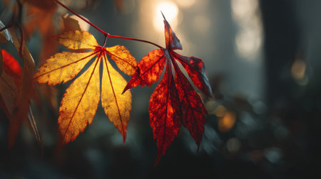 Close-up of vibrant autumn leaves showcasing rich colors of red, orange, and yellow, glistening with dew in a tranquil forest setting illuminated by soft morning light.の素材