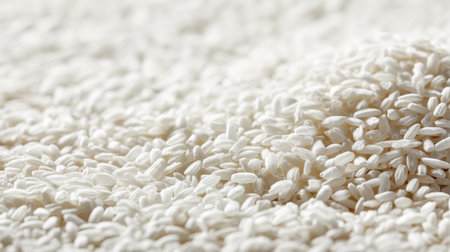A detailed close-up image showcasing white rice grains laid out on a textured surface. The bright natural light accentuates the purity and simplicity of this essential food ingredient.の素材