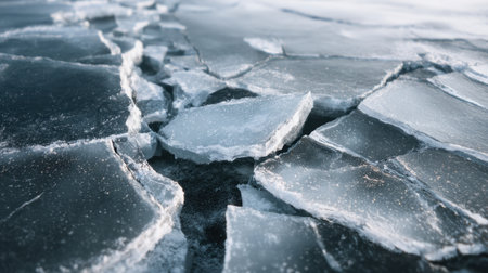The image captures a detailed view of cracked ice on a frozen lake, showcasing unique textures and reflections under bright winter light that enhances its beauty.の素材