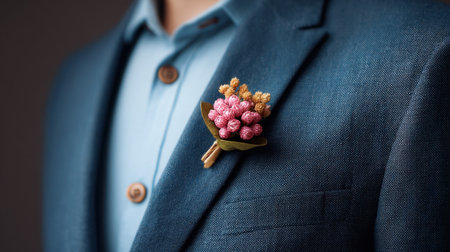 Close-up of a stylish lapel flower accessory pinned on a formal suit jacket, showcasing vibrant colors and intricate details that enhance elegant fashion choices.の素材