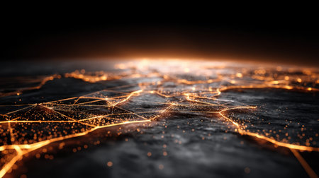 This image presents a stunning representation of a digital network, showcasing illuminated lines and points over dark terrain, symbolizing modern connectivity and technology.の素材