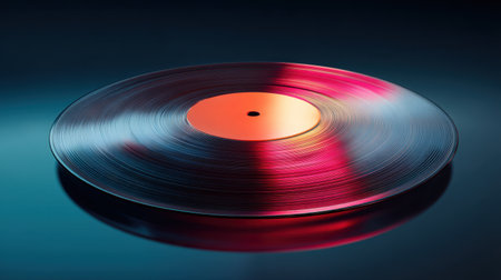 A vibrant vinyl record showcased against a blue and red gradient background, highlighting circular reflections and texture. Perfect for music enthusiasts and artistic explorations.の素材