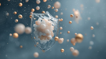 A captivating visualization of microscopic particles within a protective shield, embodying themes of science, innovation, and the intricate dynamics of molecular structures.の素材
