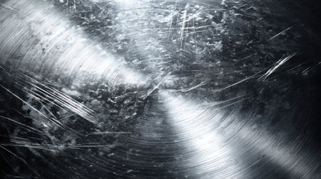 Explore the intricate beauty of a scratched metallic surface, where light creates stunning reflections and shadows in a contemporary and abstract style.の素材
