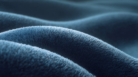 An artistic close-up of soft blue fabric showcasing rich texture and flowing waves. Perfect for backgrounds, design projects, and conveying comfort and luxury.の素材
