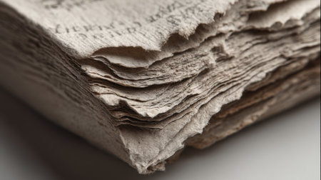 This image features a close-up view of an ancient document with tattered edges and intricate textures, providing a glimpse into its historical significance and storytelling.の素材
