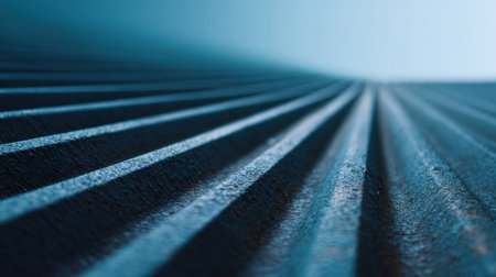 This abstract image features a close-up view of a textured metallic surface, showcasing parallel lines and a smooth gradient background in soothing blue tones.の素材