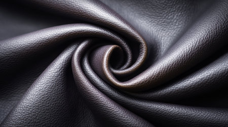 A stunning close-up of black leather fabric, elegantly twisting in a spiral, showcasing the unique texture and sheen. Perfect for various design applications.の素材
