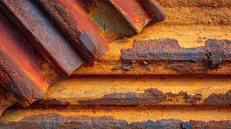 This striking close-up image captures the intricate details of a rusty metal surface. The vibrant earthy tones highlight textures, showcasing decay and industrial charm.の素材