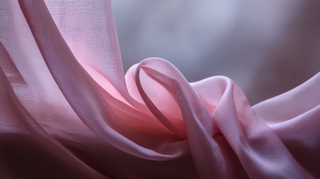 This image captures the delicate flow of pink fabric illuminated by soft light, creating an ethereal atmosphere perfect for artistic projects and creative backgrounds.の素材