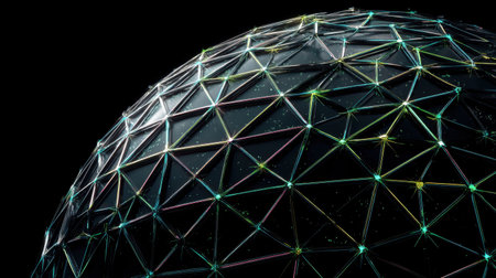 This image features an elegant abstract geometric sphere composed of colorful lines and glowing dots, set against a dark backdrop, embodying technology and innovation.の素材