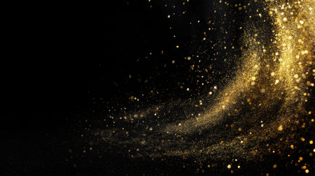 Captivating swirl of gold dust against a black background evokes elegance and luxury, perfect for enhancing event themes, celebrations, and artistic projects.の素材