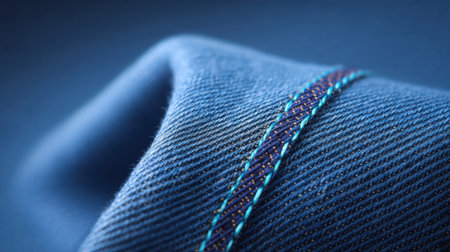 Captivating close-up of blue denim fabric showcasing the unique weave and vibrant stitching. Perfect for fashion projects, textile studies, and creative endeavors.の素材