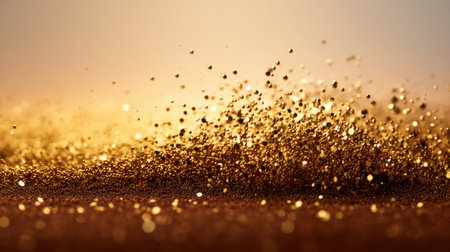 A mesmerizing display of golden glitter particles shining and sparkling under soft warm light, ideal for creative projects and festive celebrations, evoking joy and elegance.の素材