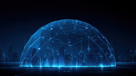 Conceptual representation of a futuristic city under a digital dome, showcasing vibrant network connections and bright light effects in an innovative urban environment.の素材