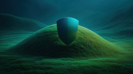 This abstract image features a digital shield standing on a lush green hill, symbolizing security and protection. The serene atmosphere enhances themes of safety and innovation.の素材