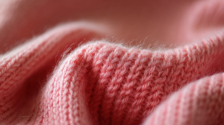 Close-up of a soft pink fabric displaying intricate textures and fibers. This delicate image evokes warmth and comfort, ideal for apparel and textile inspiration.の素材