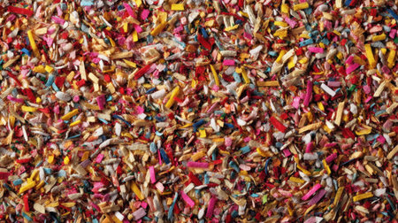 A vibrant close-up view of colorful shredded material, showcasing an array of textures and colors ideal for creative projects and artistic expressions.の素材