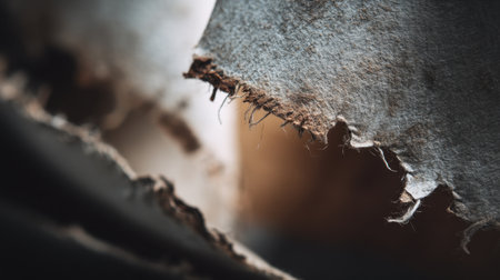 An artistic close-up image showcasing torn paper with textured edges, illuminated by soft natural light, emphasizing the beauty of imperfections and organic forms.の素材