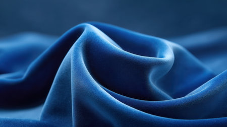 Beautiful close-up of rich blue silk fabric displaying soft folds and smooth texture, perfect for fashion, textile design, and creative backgrounds.の素材