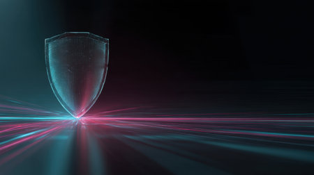 This abstract image features a futuristic shield amidst glowing lines, symbolizing cybersecurity and digital protection. The vibrant colors depict safety and innovation.の素材