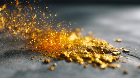 A mesmerizing display of golden dust particles scattered on a gray surface, showcasing vibrant shimmer and light reflections, perfect for artistic or abstract themes.の素材