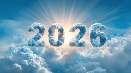 A stunning cloud formation displays the year 2026, illuminated by a bright sunrise. Capturing a sense of hope and inspiration, the vibrant sky invites positive thoughts.の素材