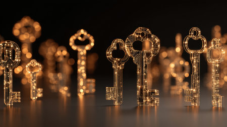 A captivating array of glowing digital keys stands against a dark background, symbolizing technology and modern security. Ideal for concepts of data protection and encryption.の素材