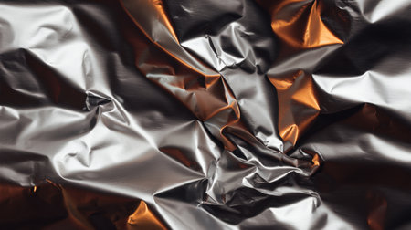 A close-up of a crumpled metallic surface showcases complex light reflections and textures, perfect for use in various design projects and artistic backgrounds.の素材