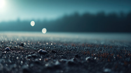A beautifully tranquil scene featuring dewdrops resting on grass, illuminated by soft light, creating a peaceful atmosphere in a serene natural environment.の素材