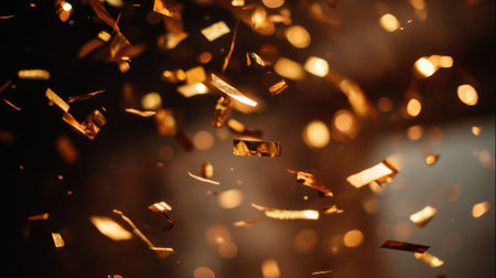 Captivating image of golden debris floating in the air, creating a vibrant celebration atmosphere. Perfect for representing joy, festivity, and excitement.の素材
