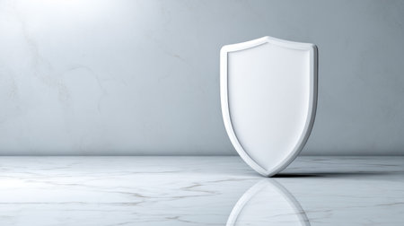 A minimalist white shield stands elegantly on a polished marble surface, illuminated by soft light. This image captures concepts of protection and security in a modern design.の素材