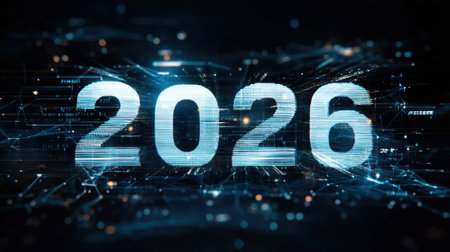 A striking digital representation of the year 2026, featuring glowing numbers intertwined with abstract technological elements, symbolizing future innovation and progress.の素材