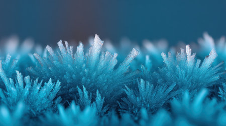 Stunning close-up of intricate frost formations showcasing delicate crystal structures in shades of blue and white, perfect for representing winter's beauty and tranquility.の素材